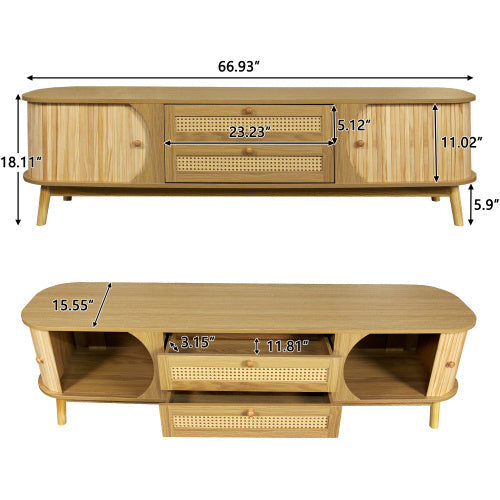 Meuble TV en rotin pour téléviseurs jusqu'à 75 pouces, style ferme moderne, console multimédia avec pieds en bois massif, meuble TV pour salon ou home cinéma.