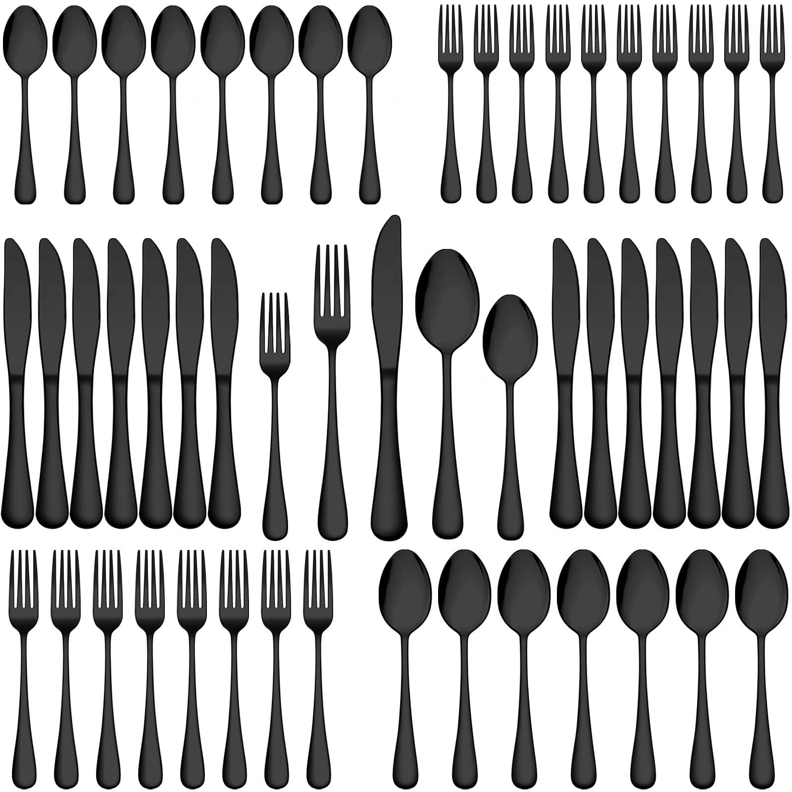 Service de couverts Wildone 60 pièces en acier inoxydable noir, pour 12 personnes. Comprend couteaux, fourchettes et cuillères. Finition polie miroir. Compatible lave-vaisselle.