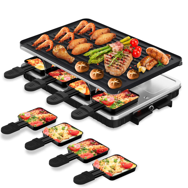 Appareil à raclette électrique HBN avec 8 plateaux chauffants et plaque de cuisson réversible pour barbecue de table, idéal pour les réunions de famille et les repas en intérieur.