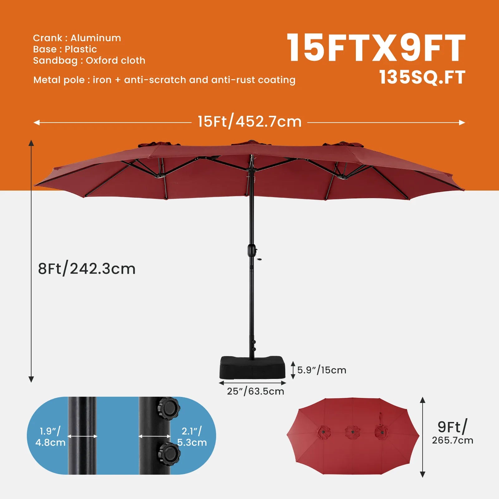 Parasol de terrasse extérieur de 4,5 m (15 pi)