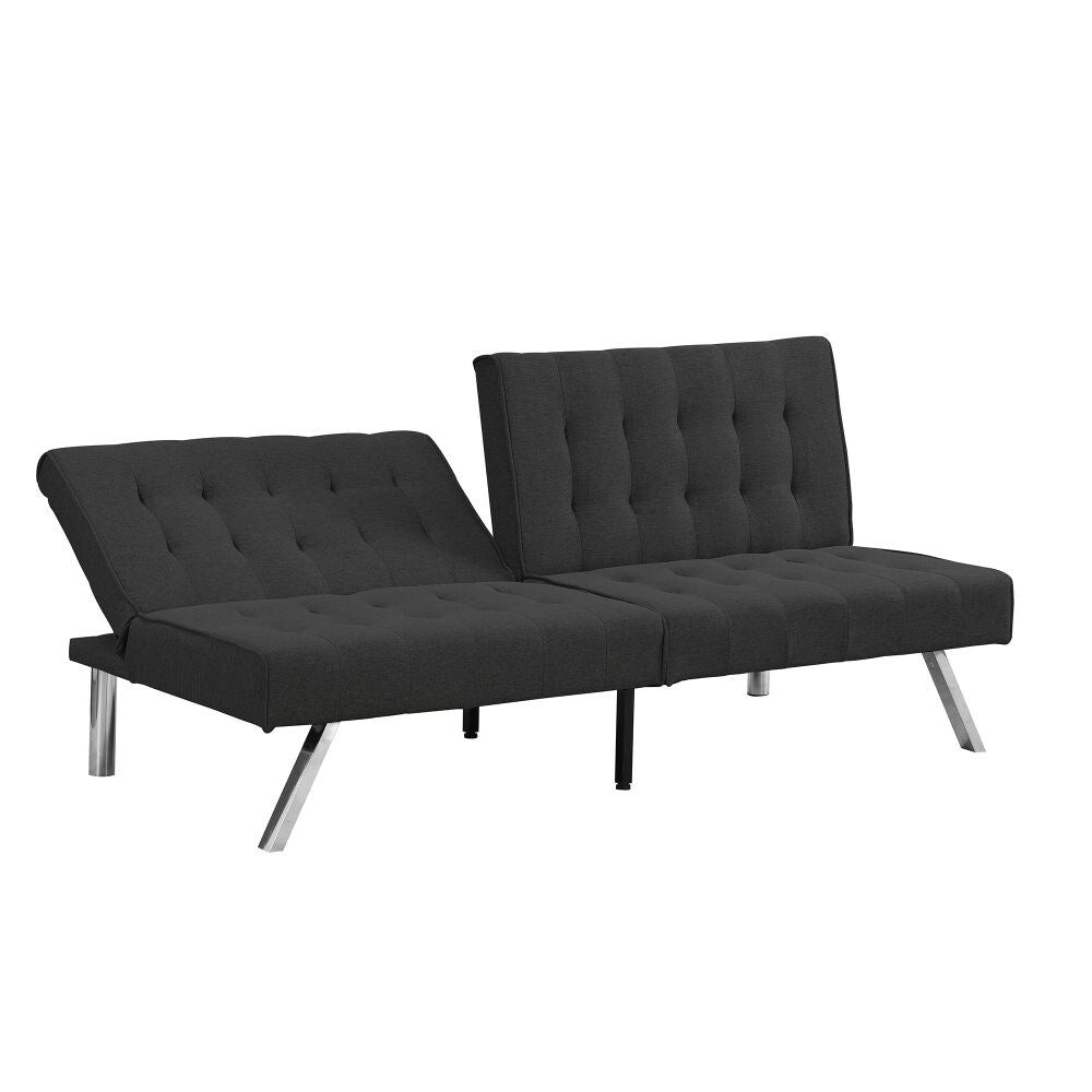 FUTON, CANAPÉ-LIT NOIR, STRUCTURE EN BOIS, PIEDS EN INOX