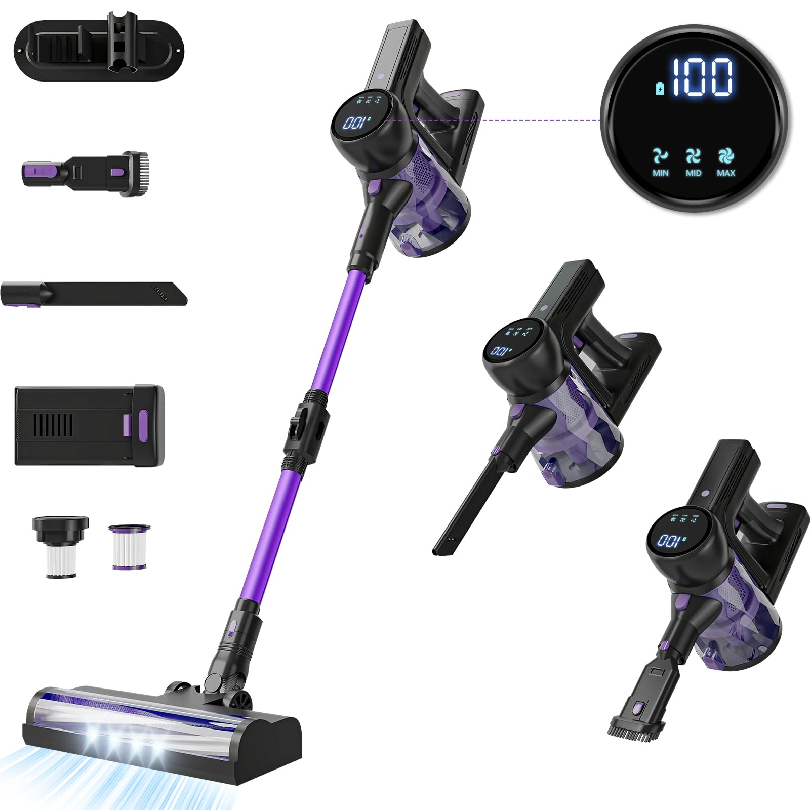 Aspirateur balai sans fil portable : léger et puissant, avec batterie rechargeable 6 en 1, écran LED et brosse améliorée pour sols durs, tapis et poils d'animaux.
