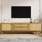 Meuble TV en rotin pour téléviseurs jusqu'à 75 pouces, style ferme moderne, console multimédia avec pieds en bois massif, meuble TV pour salon ou home cinéma.