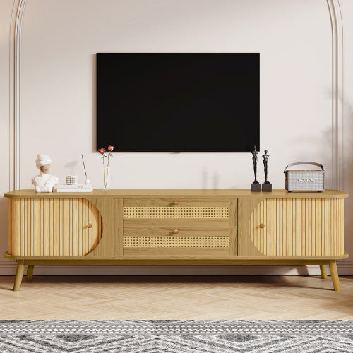 Meuble TV en rotin pour téléviseurs jusqu'à 75 pouces, style ferme moderne, console multimédia avec pieds en bois massif, meuble TV pour salon ou home cinéma.