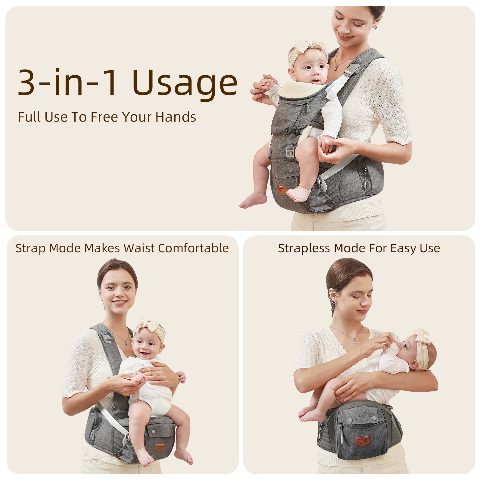 Porte-bébé ergonomique 3 en 1 avec siège de hanche