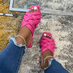 Pantoufles plates d'été décontractées en cuir pour femmes, bleu/rose/beige