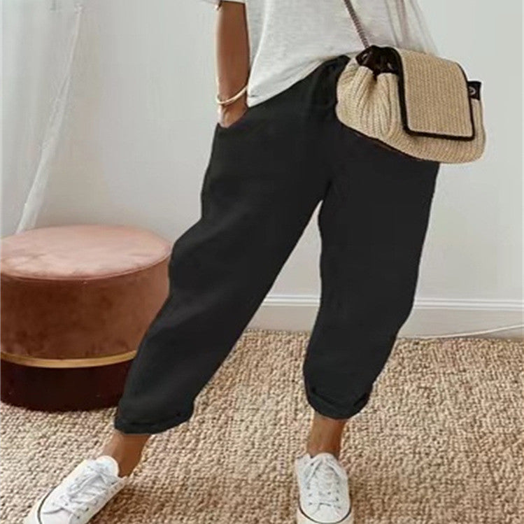 Pantalon décontracté uni en coton et lin pour femme