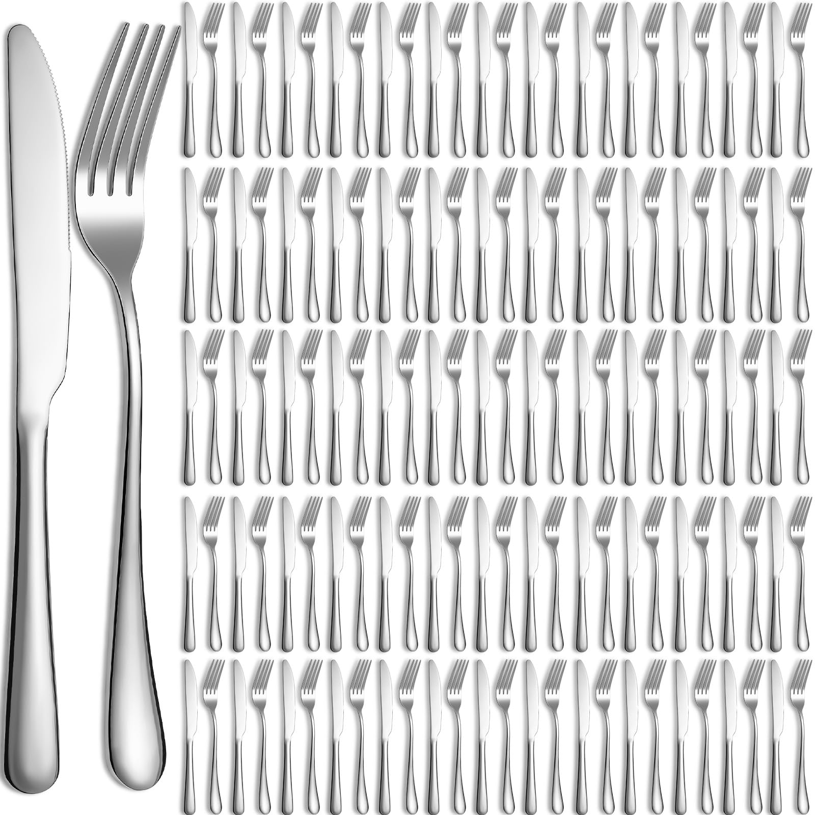 Ensemble de 100 couverts en acier inoxydable (fourchettes et couteaux) pour la table, idéal pour la cuisine, les restaurants, les hôtels et la maison. Compatible lave-vaisselle (argenté, 23 x 20,5 cm).