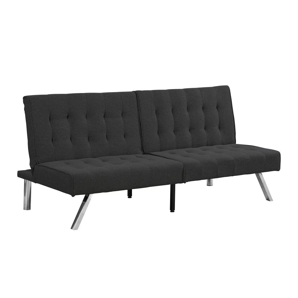 FUTON, CANAPÉ-LIT NOIR, STRUCTURE EN BOIS, PIEDS EN INOX