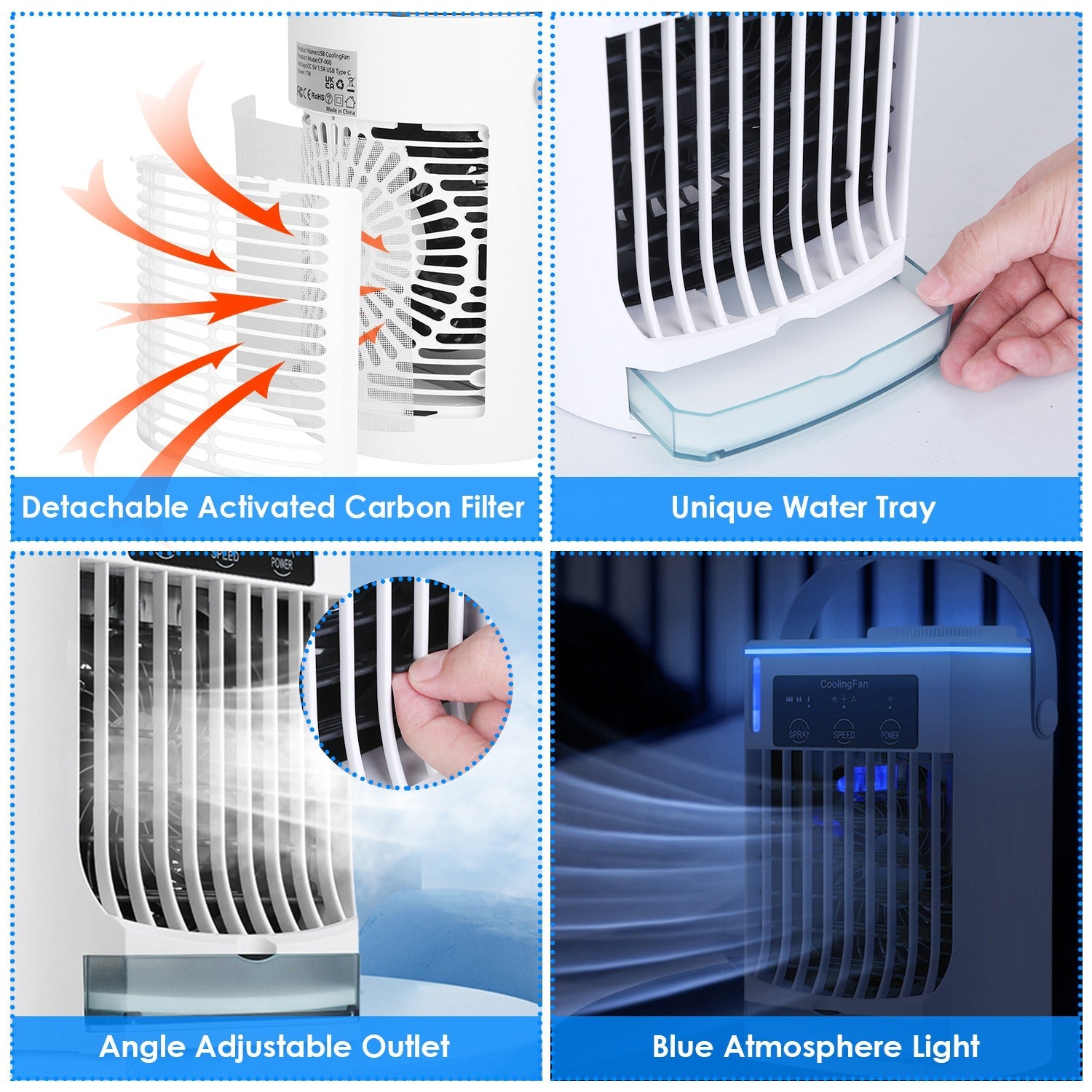 Ventilateur climatiseur portable avec humidificateur par évaporation et brumisateur à 3 vitesses