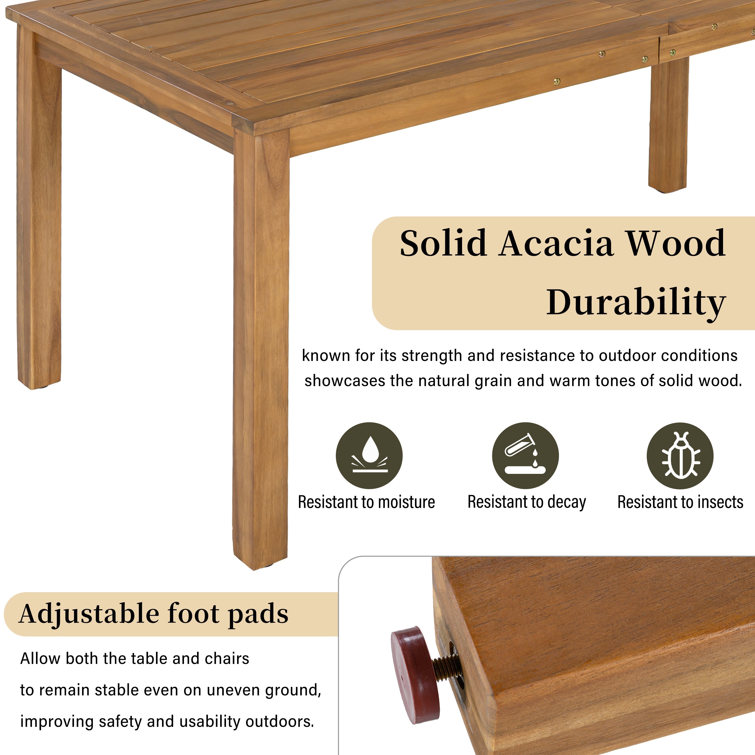 Ensemble de salle à manger d'extérieur de luxe 5 pièces pour 4 personnes, en bois d'acacia massif