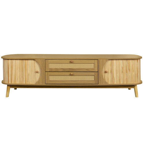 Meuble TV en rotin pour téléviseurs jusqu'à 75 pouces, style ferme moderne, console multimédia avec pieds en bois massif, meuble TV pour salon ou home cinéma.