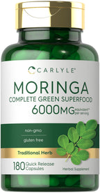 Carlyle Moringa Oleifera | 180 capsules | Complément alimentaire sans OGM et sans gluten | Superaliment vert complet | À base de poudre de feuilles de moringa