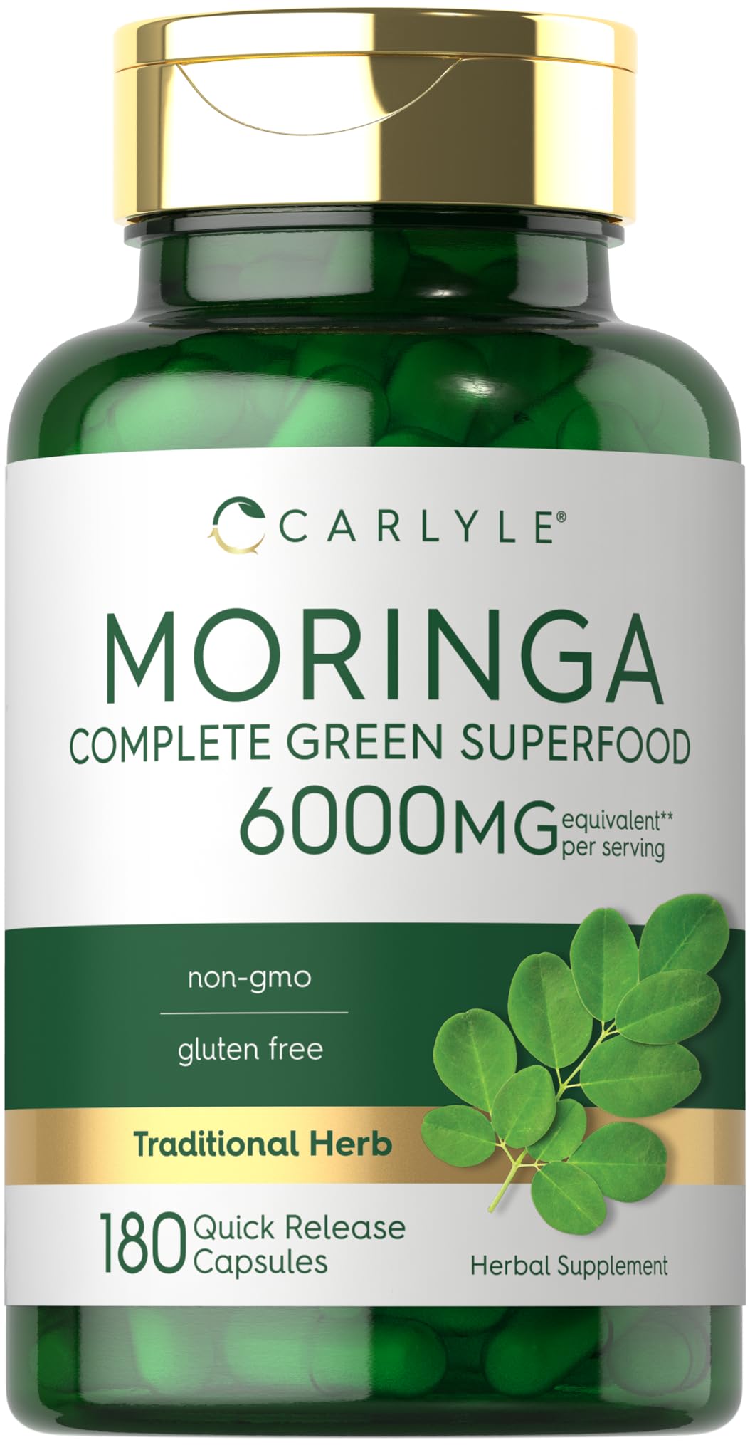 Carlyle Moringa Oleifera | 180 capsules | Complément alimentaire sans OGM et sans gluten | Superaliment vert complet | À base de poudre de feuilles de moringa