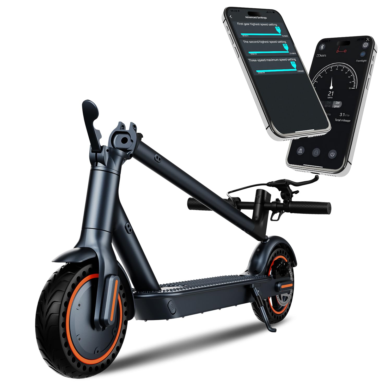 Trottinette électrique 500 W, autonomie de 29 à 34 km, vitesse de 32 km/h, pneus pleins de 21,6 cm, pliable, idéale pour les trajets quotidiens. Application, régulateur de vitesse, feux avant et arrière, double système de freinage.
