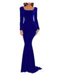 Robe de bal en velours pour femme, robe de soirée formelle à manches, robe d'invitée de mariage d'automne, bleu royal, taille 10