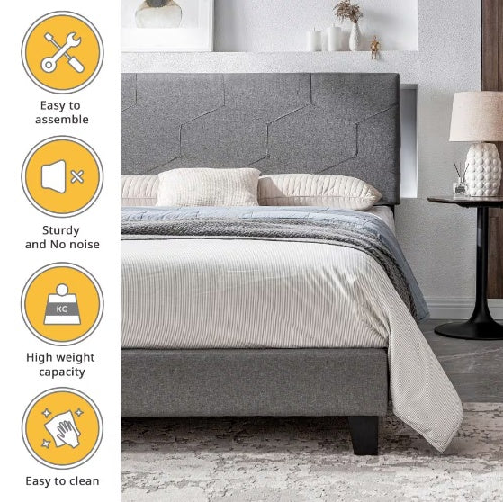 Le cadre de lit plateforme rembourré Queen-size est facile à assembler et gris
