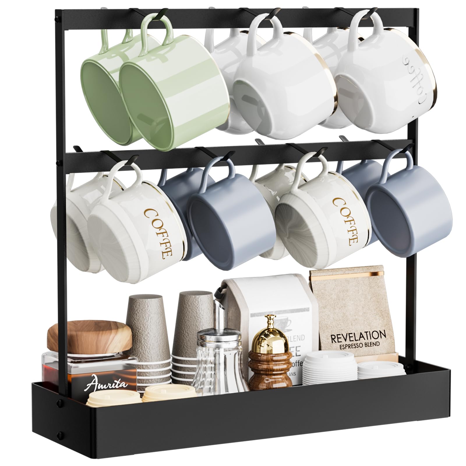 Porte-tasses à café avec crochets, capacité de 14 tasses, pour comptoir. Étagère à tasses à 2 niveaux avec base de rangement pour dosettes de café, sachets de sucre et gobelets en carton. Idée cadeau pour les amateurs de café.