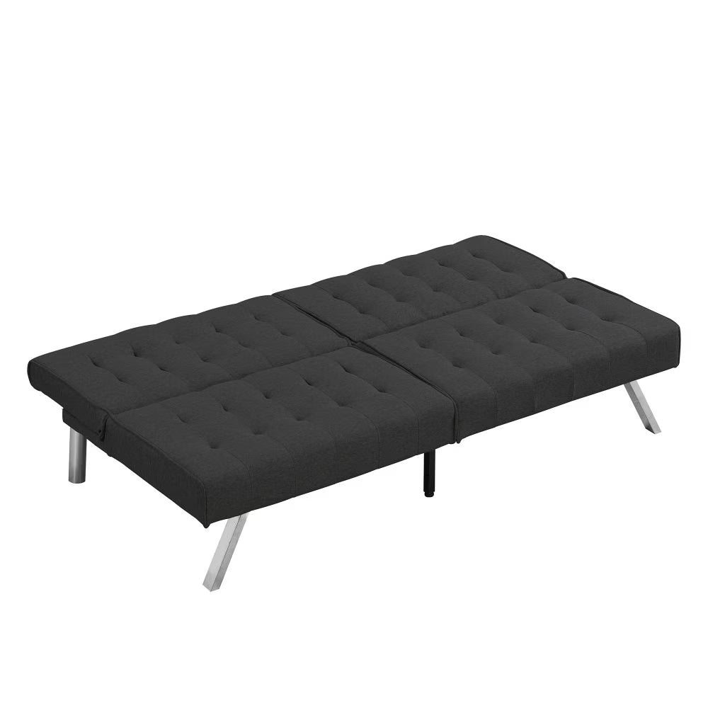 FUTON, CANAPÉ-LIT NOIR, STRUCTURE EN BOIS, PIEDS EN INOX