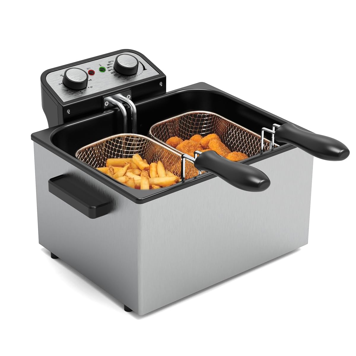 Friteuse électrique avec panier, 1750 W, 5 L (21 tasses), en acier inoxydable, avec 3 paniers de friture, température réglable, couvercle à fenêtre, corps en acier inoxydable, format comptoir.