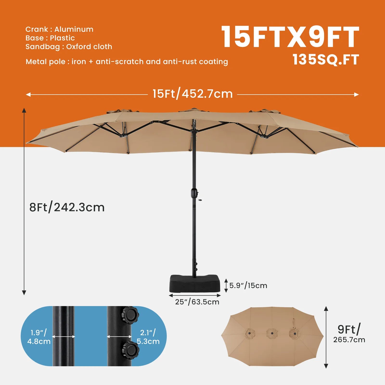 Parasol de terrasse extérieur de 4,5 m (15 pi)