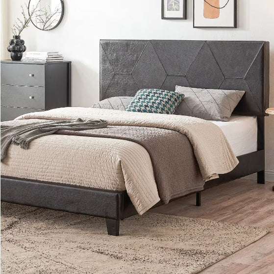Cadre de lit plateforme rembourré Queen size, montage facile, noir, PU
