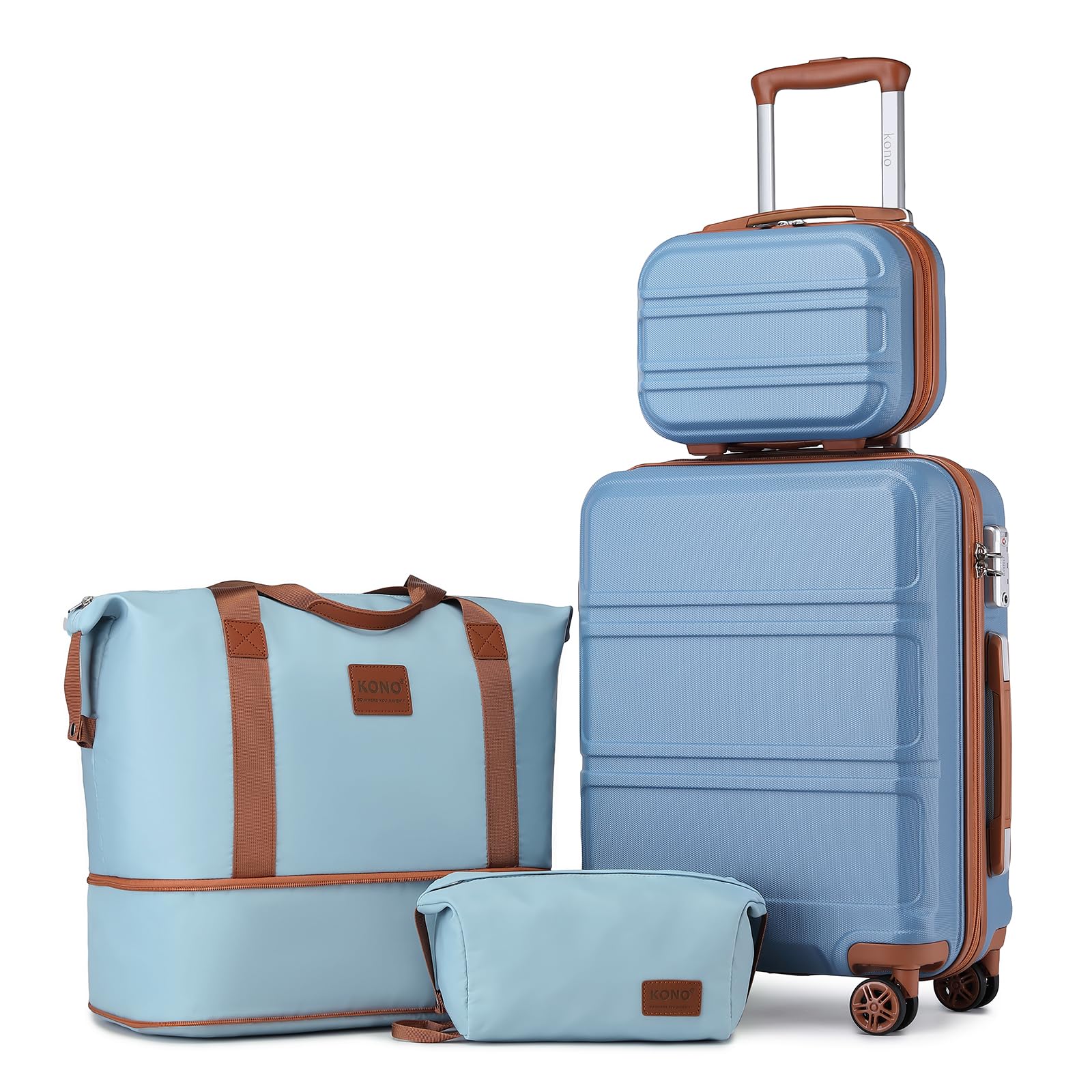 Ensemble de bagages Kono 4 pièces, valise cabine rigide avec serrure TSA et roulettes multidirectionnelles, couleur bleu abricot