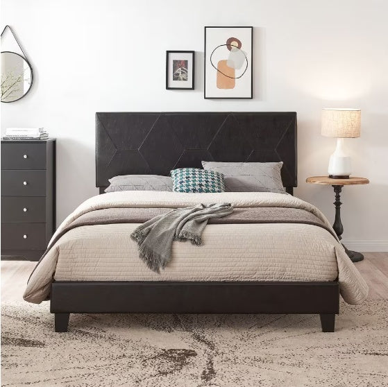 Cadre de lit plateforme rembourré Queen size, montage facile, noir, PU