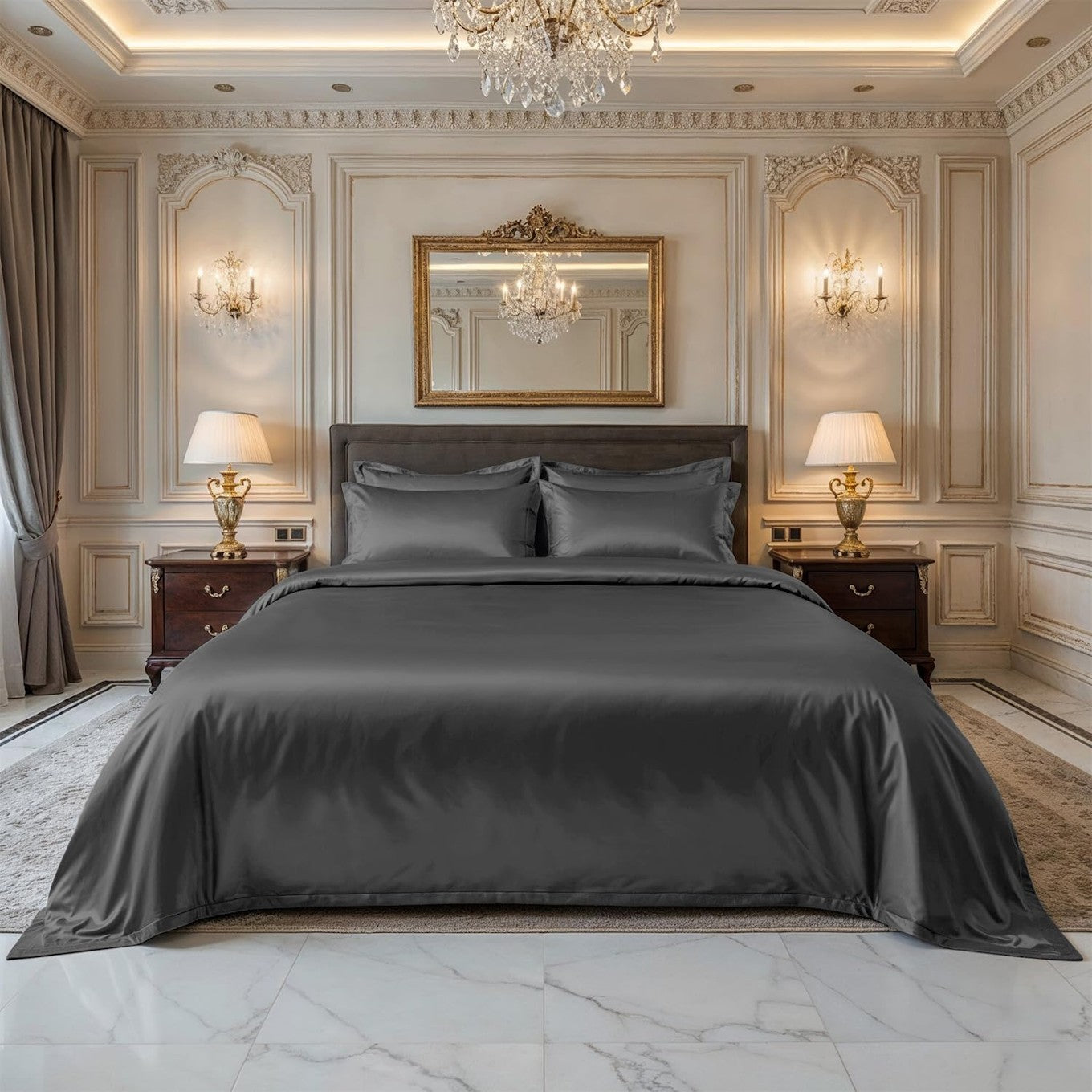 Ensemble de draps en soie de bambou gris pour lit king size
