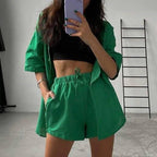 Ensemble short et chemise à manches courtes vert streetwear décontracté d'été, deux pièces