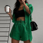 Ensemble short et chemise à manches courtes vert streetwear décontracté d'été, deux pièces
