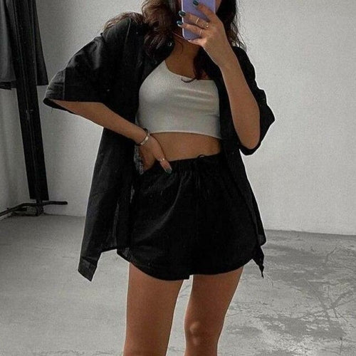Ensemble short et chemise à manches courtes vert streetwear décontracté d'été, deux pièces