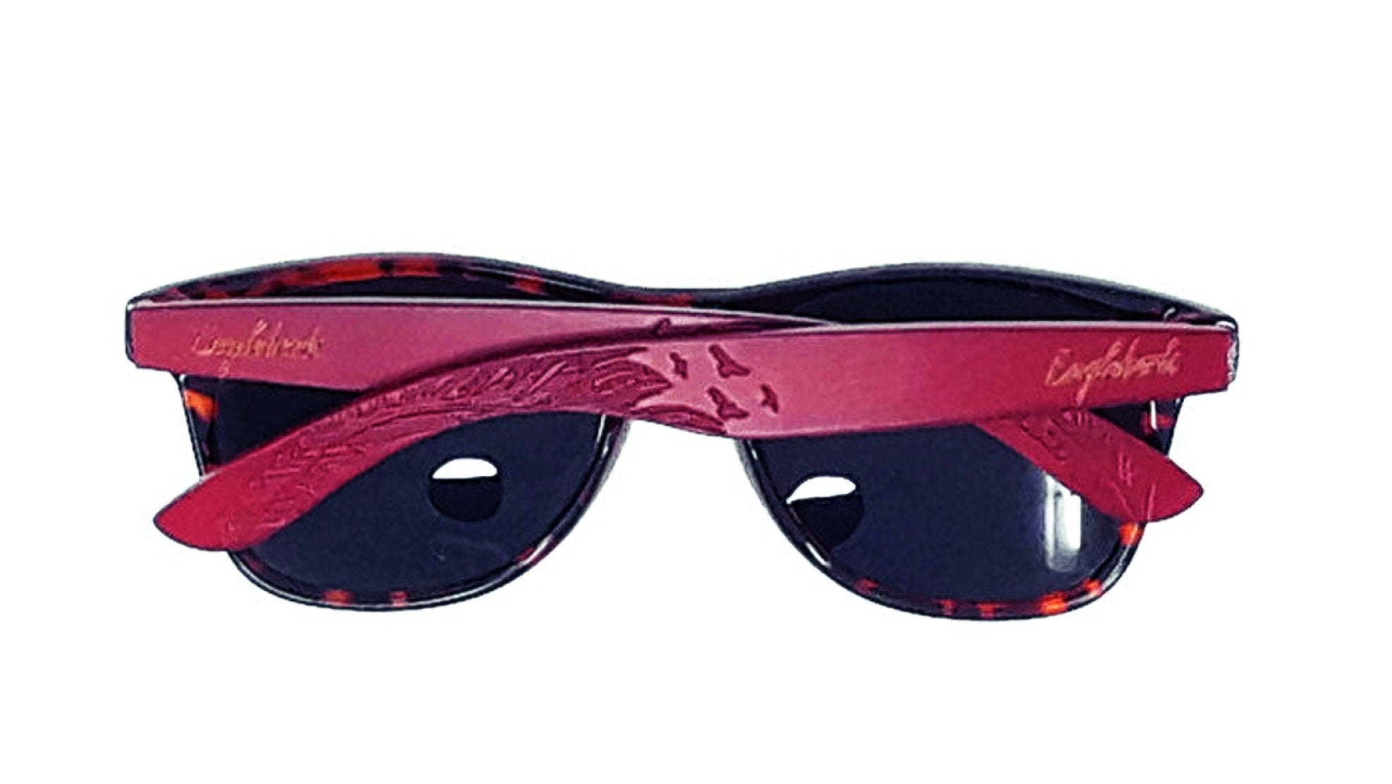 Lunettes de soleil à monture écaille de tortue en bambou rouge avec étui en bois, gravure artisanale